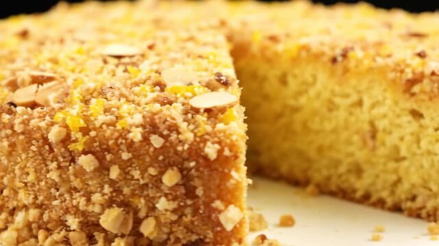 Extreme close-up shot of a gourmet dessert cake richly covered in crushed nuts, almond slivers, and candied orange peel crumbs, highlighting the delicious texture.