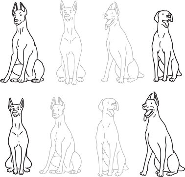 Set doodle Doberman Dog Line Art Pet products Clipart design element Silhouette Minimalist Animal Outline Black simple contour Illustration cute big dog drawing hand drawn comic pop ink style icon