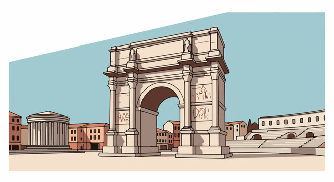 A pixel art rendering of a grand Roman arch and amphitheater under a blue sky