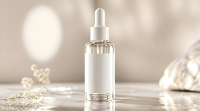 Clear glass cosmetic dropper bottle mockup with white label on soft blurred background.
