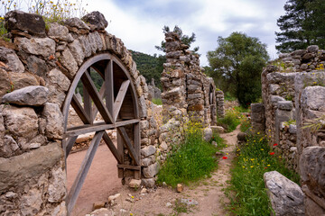 Obraz premium Olympos is an ancient Lycian harbor city set in a lush river valley in Antalya, Turkey. Famous for merging Hellenistic, Roman, and Byzantine ruins with untouched nature, it features sarcophagi, ancien