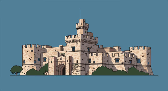 A pixelated depiction of a stone fortress with crenellated battlements and a central tower