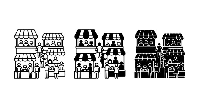 Market Stall Icons Set, Retail Booth Graphics, Shopping Stand Vector Collection, Commercial Business Scene Elements