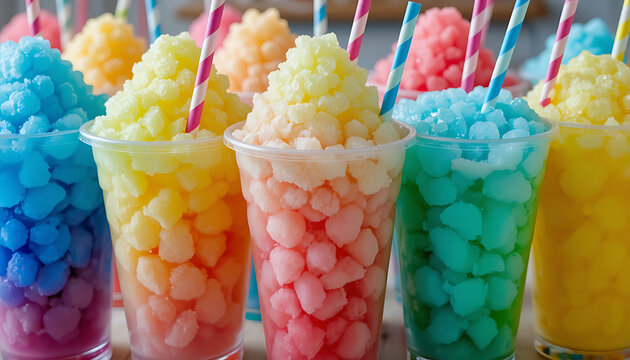 Plastic cups of shaved ice in multiple bright colors with striped straws placed on a light surface