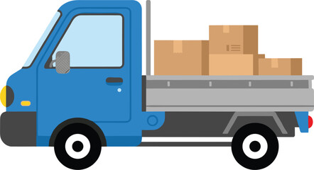 Fototapeta premium Small blue delivery truck vector illustration with cardboard boxes on bed isolated on white background