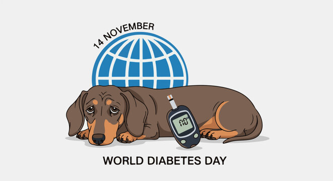A sad dachshund lies next to a glucometer with the earth symbol
