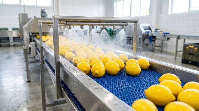 Industrial conveyor washing fresh lemons in a food processing plant. Citrus fruit cleaning line with stainless steel spray system in a modern packing facility.