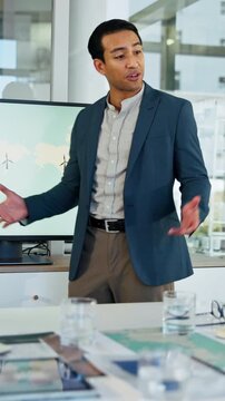 Businessman, presentation and map on screen with wind turbine, sustainable idea and clean energy in office. Data, meeting and team speaker with discussion, global location and climate change project