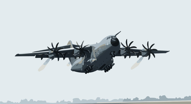 A pixelated four-engine turboprop cargo plane flies low over a blurred landscape