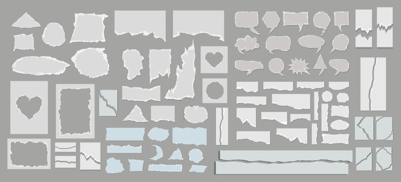 Large collection of torn paper pieces, ripped edges, and speech bubbles. Realistic paper scraps and heart shapes in grey and white. Editable vector EPS for collage and scrapbooking designs. Torn Paper
