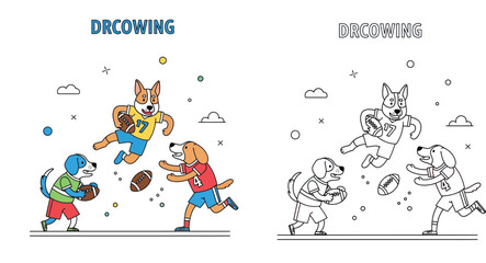 Fototapeta premium Cute cartoon dogs playing American football. Colorful illustration and black and white outline version for coloring book.