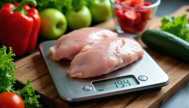 Raw chicken breasts on digital scale for portion control. Healthy food prep with fresh vegetables like peppers apples and cucumber. Dieting nutrition for fitness goals.