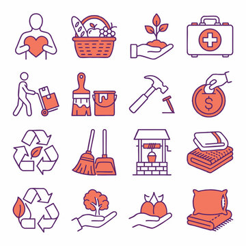 A collection of sixteen colorful line icons representing various aspects of charity, community service, sustainability, and essential aid.
