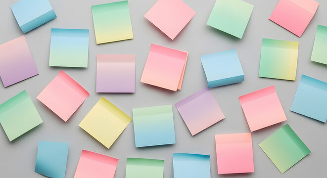 Scattered colorful pastel sticky notes on a grey background background