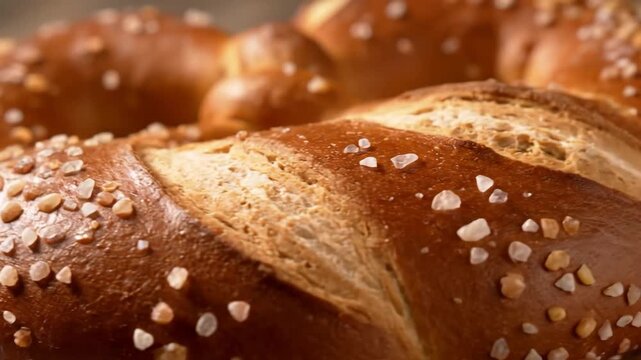 Extreme Close-up of a Traditional Bavarian Pretzel (Laugenbrezel) with Coarse Salt Crystals. Macro shot focusing on the golden-brown crust texture and delicious salty topping.