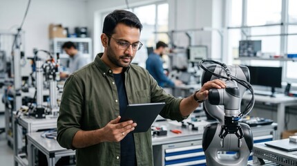 Fototapeta premium Professional engineer inspecting a robotic arm with a tablet in a modern laboratory. Asian specialist working on robotics automation in a research and development workspace.