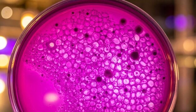 Microscopic view of magenta cell culture in a petri dish