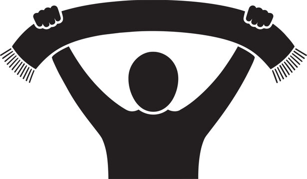 Person holding a striped scarf with fringe detail, celebrating or cheering with arms raised in a silhouette illustration and black and white