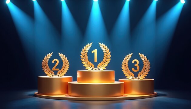 Golden winner podium with laurel wreaths for 1st 2nd and 3rd place winners. Stage spotlights illuminate a champion award ceremony on a dark background.