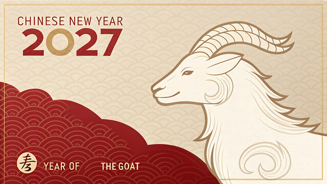 Chinese New Year 2027 Year of the Goat celebration with goat head illustration and red wave design on beige background transparent background
