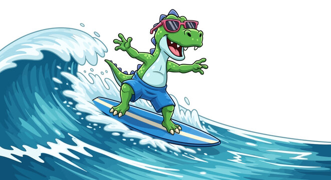 Cool cartoon dinosaur surfing on a big ocean wave wearing sunglasses