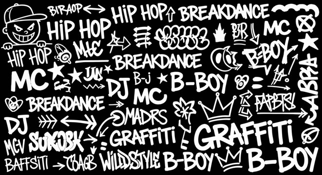 Graffiti and hip hop hand drawn urban street art lettering pattern on black background