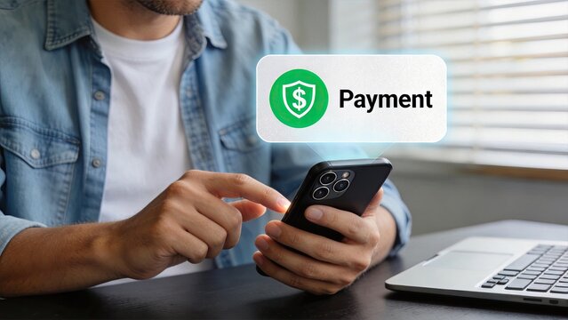 Mobile payment and secure transaction concept with user touching smartphone screen, displaying digital wallet app icon for contactless shopping, online checkout and safe