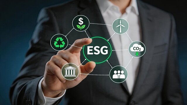 Businessman touching virtual ESG screen with icons of green energy, finance and carbon footprint reduction for sustainable corporate responsibility concept