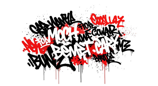 Abstract Urban Graffiti Tagging Art with Black Red and White Spray Paint Splatter on White Background
