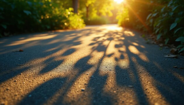 Sunlight creates shadow patterns on a paved path. Lush green foliage borders the walkway. Warm golden hour light filters through tree leaves casting dappled shapes.