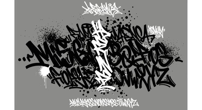 Abstract monochrome graffiti tag composition with spray paint splatters and urban handstyle lettering on a grey background