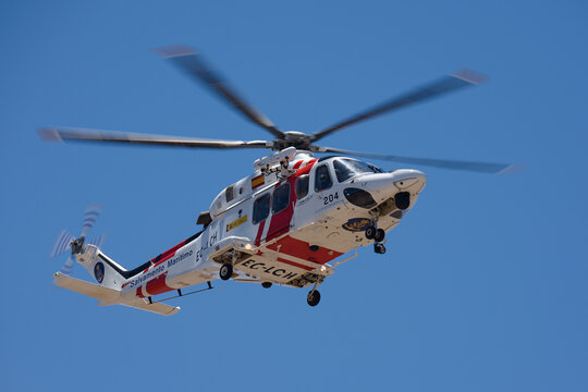 Tenerife, Spain may 19 st, 2026. Leonardo AW139. Spain - SASEMAR. The helicopter of the Spanish Maritime Rescue Team and his rescuers during rescue exercise
