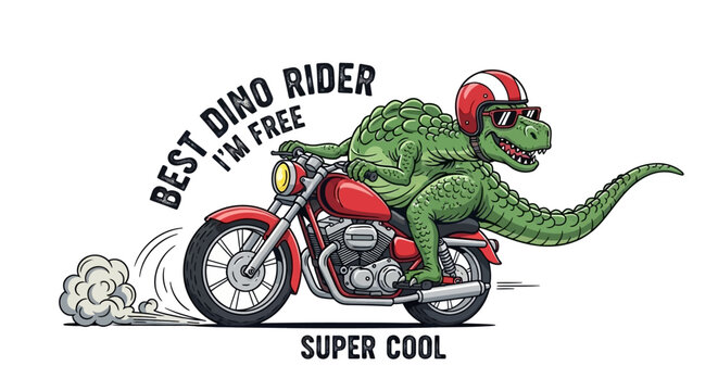 Cool Cartoon T-Rex Dinosaur Riding a Red Motorcycle Graphic Illustration