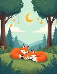 Fototapeta premium Three cute foxes sleep soundly in peaceful forest clearing under gentle crescent moon, starry sky. Rich trees, rolling hills create serene, dreamy landscape perfect for children stories or lullabies.