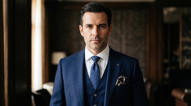 Confident mature businessman in elegant three piece navy blue suit and patterned tie looking at camera in office