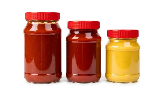 Three jars of different sauces on a white background