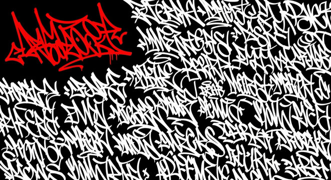 Urban graffiti handstyle tag pattern on black background with red accents