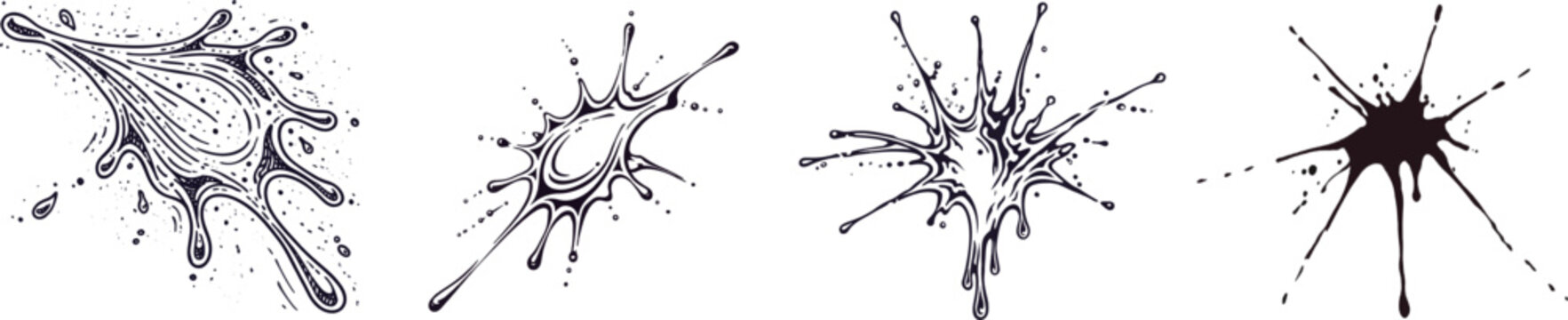 A chaotic ink splatter in deep midnight violet stands out starkly against a white background, featuring intense dry scratching and heavy saturation that creates a crisp, high-contrast silhouette