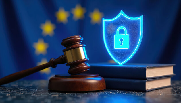 Cybersecurity shield locks data with legal books and gavel. EU flag signifies law and justice for digital protection. Data privacy regulation in court.