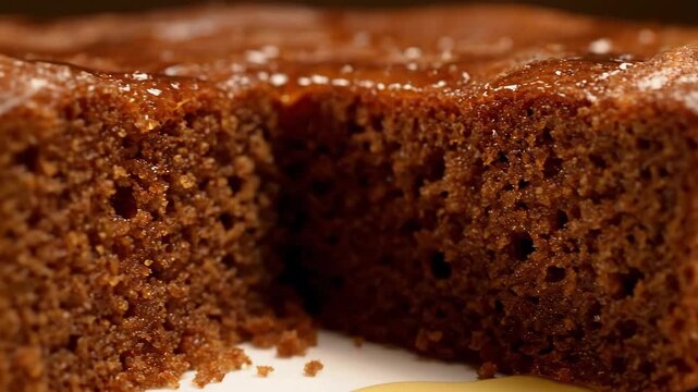 Extreme close-up of rich, moist molasses cake or sticky toffee pudding slice, beautifully drizzled with sweet caramel glaze and visible sugar crystals, emphasizing texture and appetizing presentation.