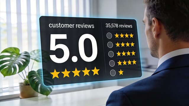 Detailed customer review statistics panel displaying perfect five star rating, consumer feedback analysis, product quality assessment, business performance metrics, high user