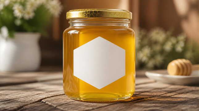 Glass Jar of Golden Honey with Blank Hexagonal Label on Rustic Wood Table.