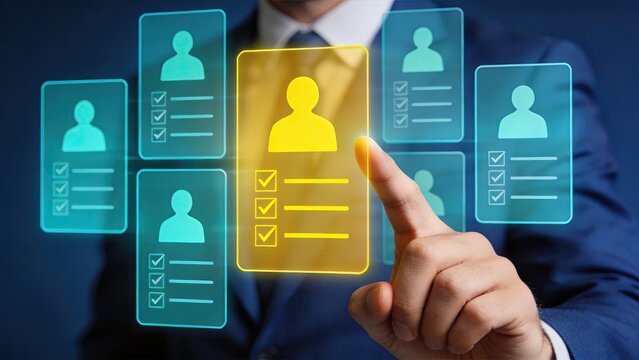 Human resources manager selecting employee profile on virtual screen, recruitment process, talent management system, digital hiring platform, choosing candidate for job position