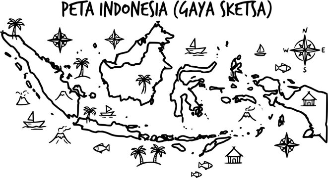 Indonesia map sketch, archipelago islands, nautical, travel, tourism, black and white line art