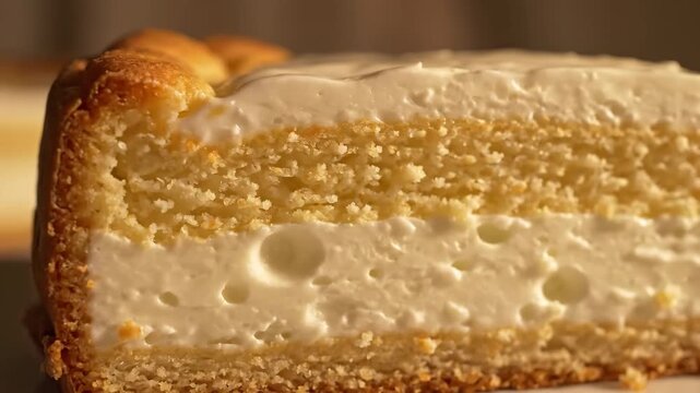 Macro detail of layered dessert slice revealing creamy white filling and crumbly golden cake sponge texture, appetizing sweet treat