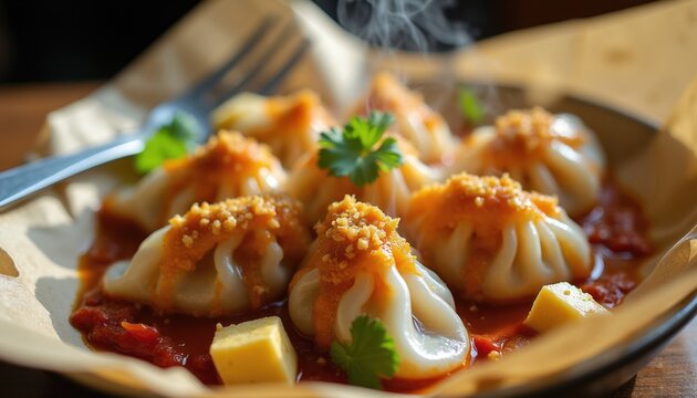 Steamed fish dumplings siomay with peanut sauce. Tofu cubes and herb garnish. Asian street food served on plate. Hot steam rises from tasty meal.