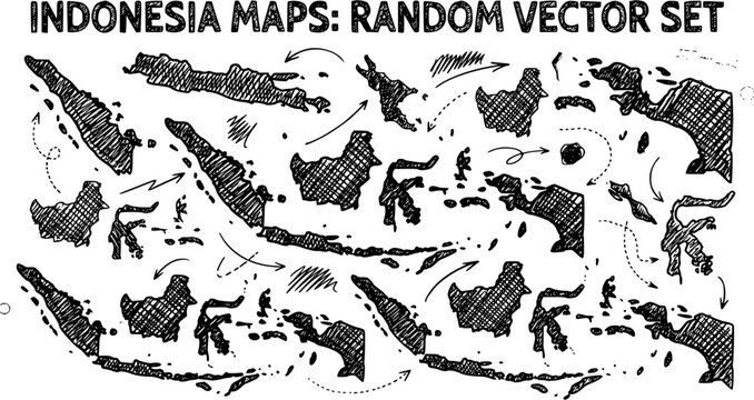 Hand-drawn Sketchy Black  White Vector Set: Indonesia Maps. Doodle style geography outlines of Southeast Asian islands for travel and education.