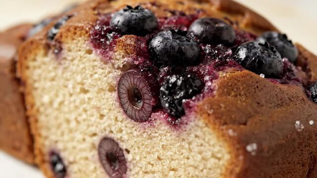 Delicious close-up macro shot of a freshly baked blueberry and cherry loaf cake slice with sugar crystals, showcasing the moist crumb and juicy fruit.