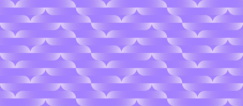 Vector abstract wide panoramic background in violet lavender colours with halftone dots and grain texture. Split dash structure with fashion rhythm and stylish light geometrical movement for backdrops