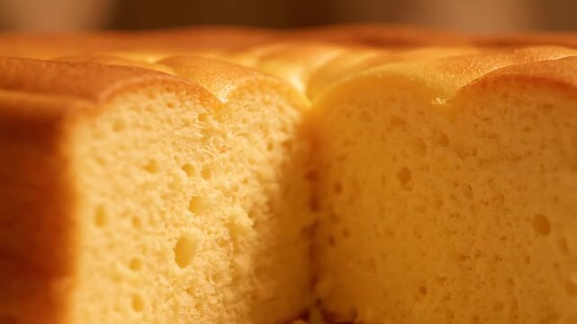 Appetizing close-up of a freshly baked golden sponge cake, highlighting the soft porous texture and rustic brown crust perfect for dessert recipes.